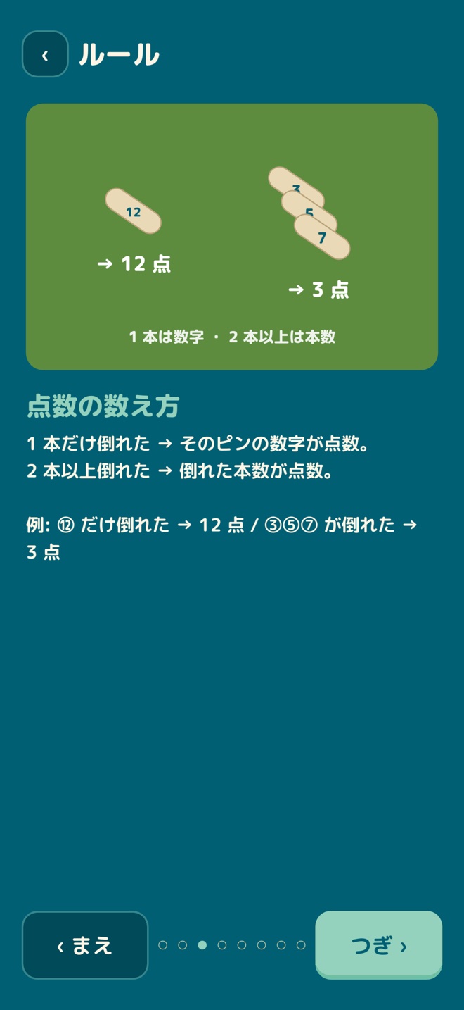 1本倒した場合と複数本倒した場合の得点を図解したルール画面